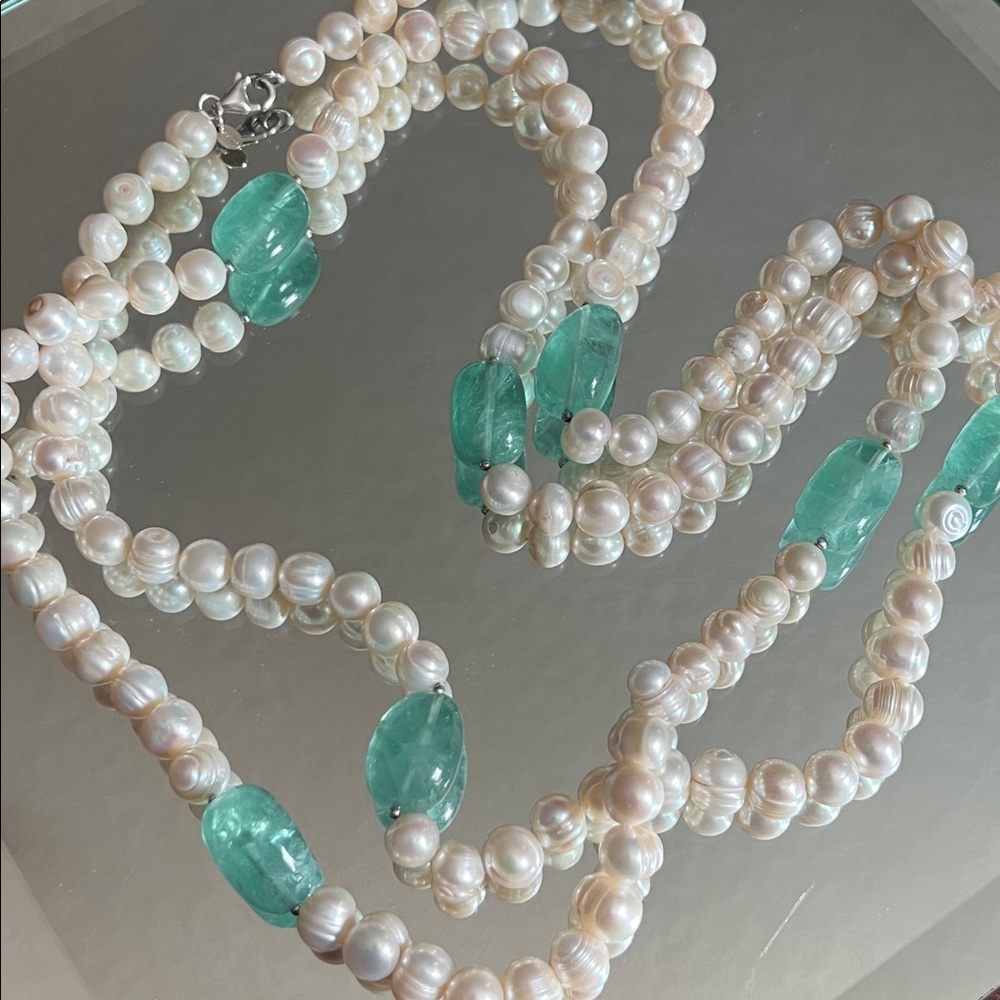 AUTHENTIC Freshwater Pearl & Amazonite Necklace/ Silver 925 Clasp 48” 7-8mm NWT